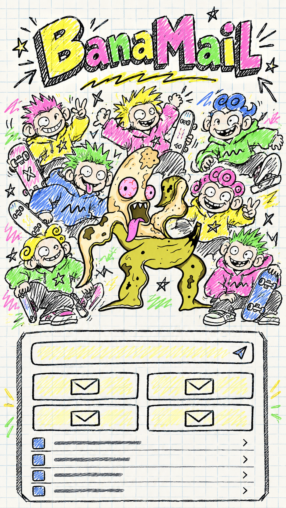 Ilustrasi BanaMail: maskot pisang berlidah pink dikelilingi geng anak skater berambut warna-warni, di atas sketsa kotak masuk email.